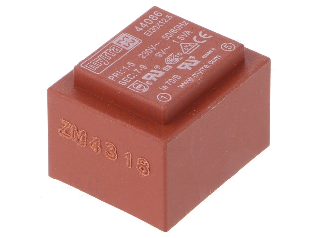Transformator: ingegoten; 1,5VA; 230VAC; 9V; 167mA; PCB Transformator: ingegoten; 1,5VA; 230VAC; 9V; 167mA; PCB